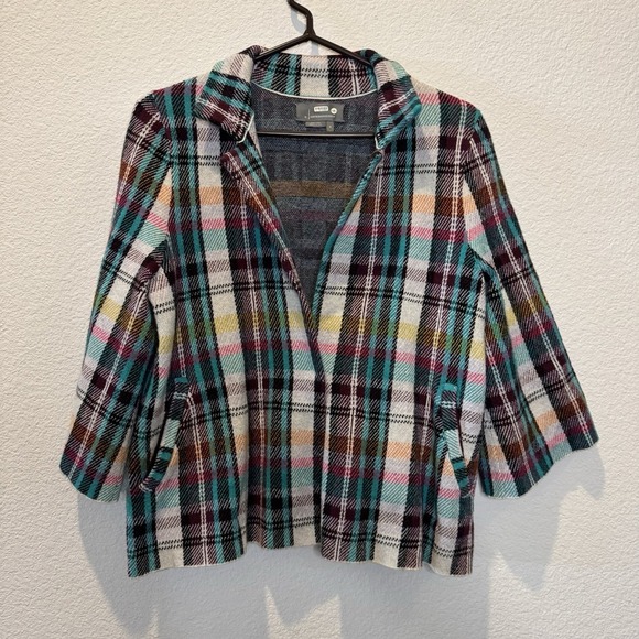 Anthropologie Rosetta Cropped Sweater Blazer Holly Rainbow‎ Plaid 3/4 Sleeve Med - Picture 1 of 5